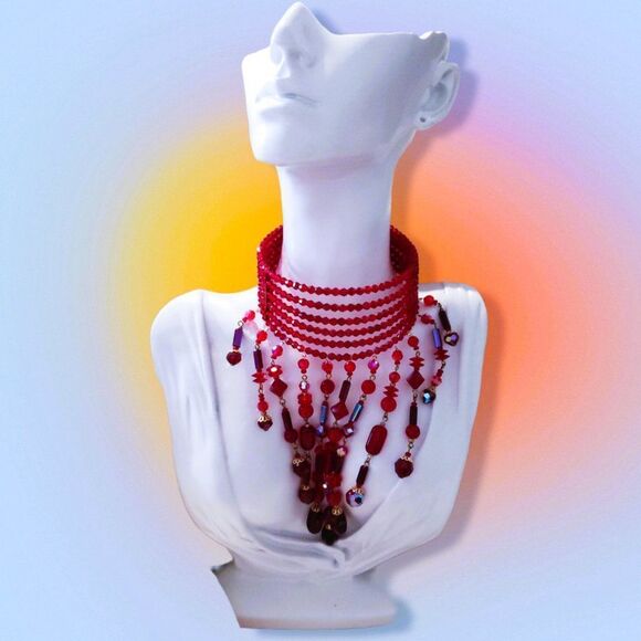 Red Beaded Choker Necklaces (2) - Picture 1 of 5
